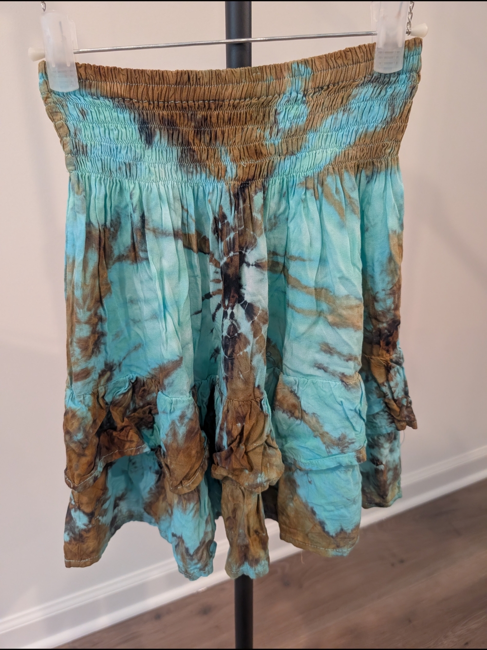 Tie-Dye Smocked Mini Skirt in Aqua & Brown
